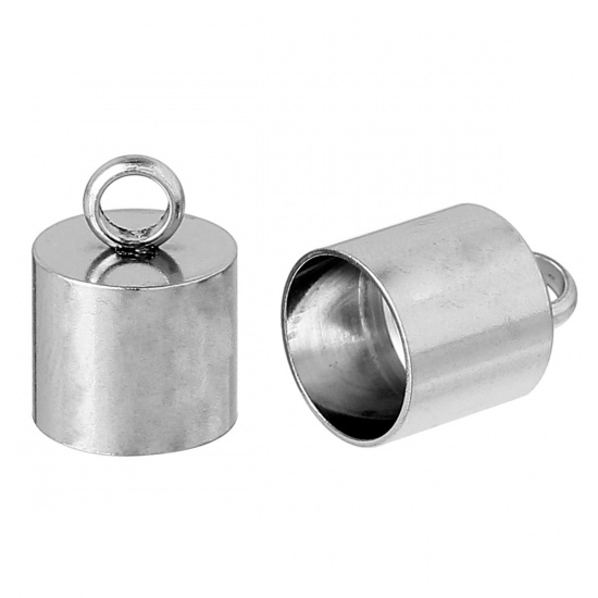 Picture of Stainless Steel Necklace Cord End Caps Cylinder Silver Tone (Fits 8mm Cord) 12.0mm( 4/8") x 9.0mm( 3/8"), 10 PCs