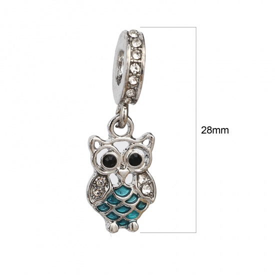 Picture of Zinc Based Alloy Large Hole Charm Dangle Beads Silver Tone Blue Owl Animal Enamel Clear Rhinestone 28mm x 10mm, Hole: Approx 5mm, 3 PCs