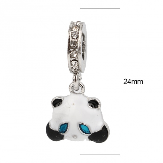 Picture of Zinc Based Alloy Large Hole Charm Dangle Beads Silver Tone Black & White Panda Animal Enamel Clear Rhinestone 24mm x 13mm, Hole: Approx 5.1mm, 3 PCs