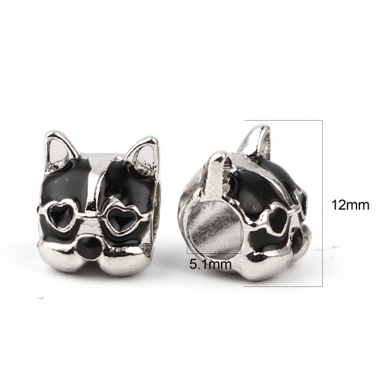 Picture of Zinc Based Alloy Large Hole Charm Beads Silver Tone Black Dog Animal Enamel 12mm x 10mm, Hole: Approx 5.1mm, 5 PCs