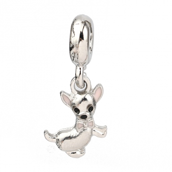 Picture of Zinc Based Alloy Large Hole Charm Dangle Beads Silver Tone Black Dog Animal Enamel 25mm x 12mm, Hole: Approx 4.5mm, 5 PCs