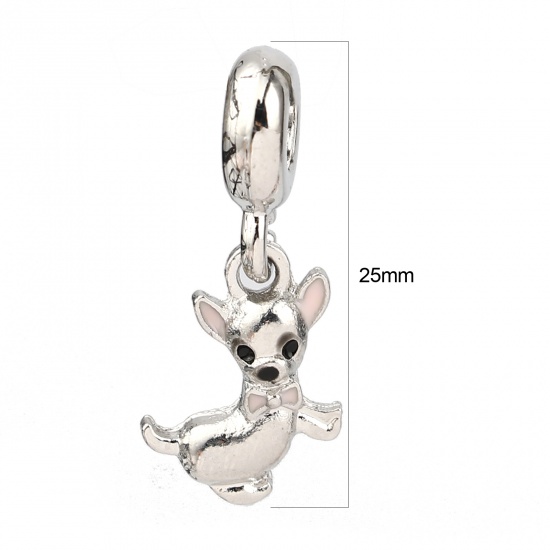 Picture of Zinc Based Alloy Large Hole Charm Dangle Beads Silver Tone Black Dog Animal Enamel 25mm x 12mm, Hole: Approx 4.5mm, 5 PCs