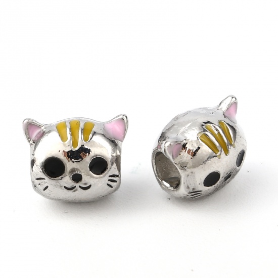 Picture of Zinc Based Alloy Large Hole Charm Beads Silver Tone Multicolor Cat Animal Enamel 11mm x 9mm, Hole: Approx 4.5mm, 3 PCs
