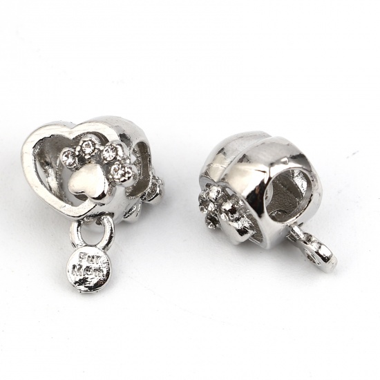Picture of Zinc Based Alloy Pet Memorial Large Hole Charm Beads Silver Tone Heart Paw Claw Clear Rhinestone 16mm x 11mm, Hole: Approx 4.9mm, 3 PCs