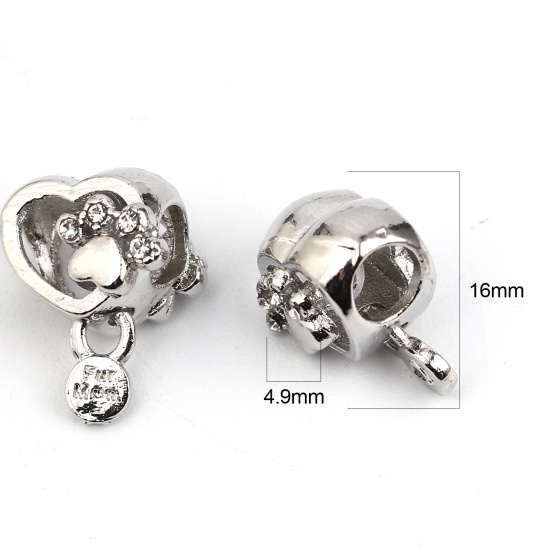 Picture of Zinc Based Alloy Pet Memorial Large Hole Charm Beads Silver Tone Heart Paw Claw Clear Rhinestone 16mm x 11mm, Hole: Approx 4.9mm, 3 PCs