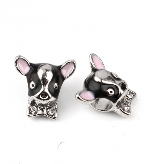 Picture of Zinc Based Alloy Large Hole Charm Beads Silver Tone Black Dog Animal Enamel Clear Rhinestone 13mm x 12mm, Hole: Approx 4.5mm, 3 PCs