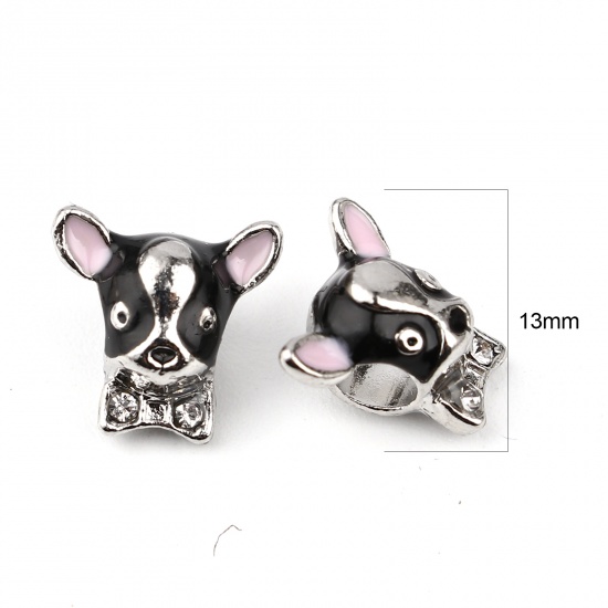 Picture of Zinc Based Alloy Large Hole Charm Beads Silver Tone Black Dog Animal Enamel Clear Rhinestone 13mm x 12mm, Hole: Approx 4.5mm, 3 PCs