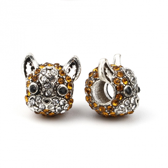 Picture of Zinc Based Alloy Large Hole Charm Beads Antique Silver Color Dog Animal Orange Rhinestone 13mm x 12mm, Hole: Approx 4.1mm, 3 PCs