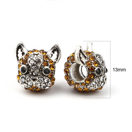 Picture of Zinc Based Alloy Large Hole Charm Beads Antique Silver Color Dog Animal Orange Rhinestone 13mm x 12mm, Hole: Approx 4.1mm, 3 PCs