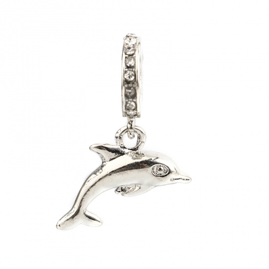 Picture of Zinc Based Alloy Ocean Jewelry Large Hole Charm Dangle Beads Silver Tone Dolphin Animal Clear Rhinestone 24mm x 16mm, Hole: Approx 4.8mm, 3 PCs