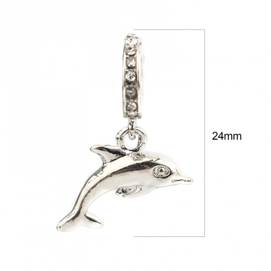 Picture of Zinc Based Alloy Ocean Jewelry Large Hole Charm Dangle Beads Silver Tone Dolphin Animal Clear Rhinestone 24mm x 16mm, Hole: Approx 4.8mm, 3 PCs