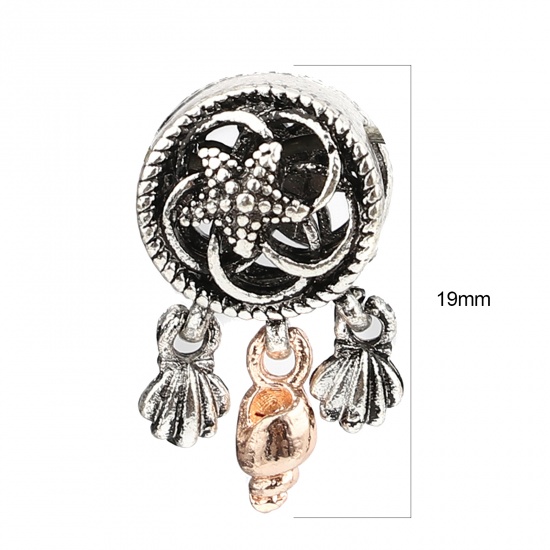 Picture of Zinc Based Alloy Ocean Jewelry Large Hole Charm Beads Antique Silver Color Star Fish Conch Sea Snail 19mm x 11mm, Hole: Approx 5.1mm, 3 PCs