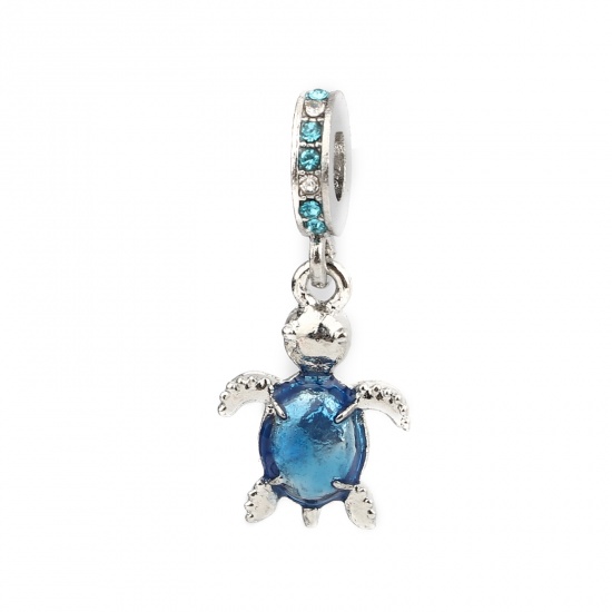 Picture of Zinc Based Alloy Ocean Jewelry Large Hole Charm Dangle Beads Silver Tone Sea Turtle Animal Enamel Clear & Blue Rhinestone 30mm x 13mm, Hole: Approx 5.3mm, 3 PCs