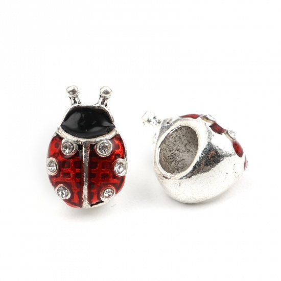 Picture of Zinc Based Alloy Insect Large Hole Charm Beads Silver Tone Black & Red Ladybug Animal Enamel Clear Rhinestone 14mm x 9mm, Hole: Approx 5.1mm, 5 PCs
