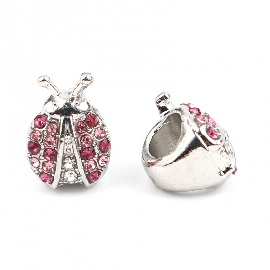Picture of Zinc Based Alloy Insect Large Hole Charm Beads Silver Tone Ladybug Animal Pink Rhinestone 13mm x 10mm, Hole: Approx 5.2mm, 3 PCs