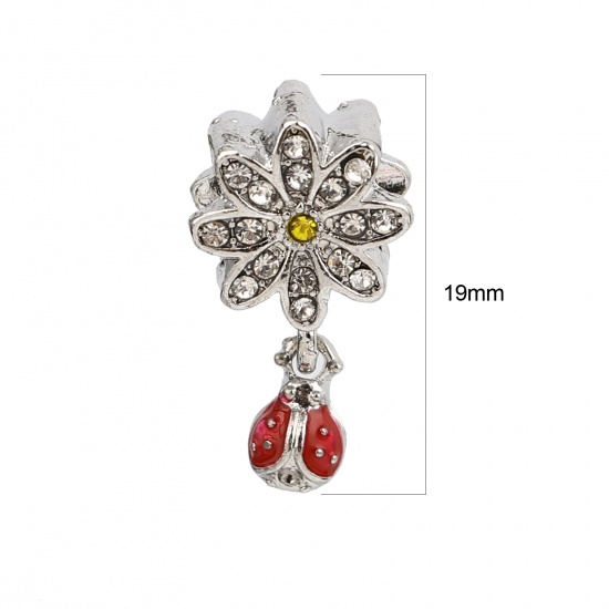 Picture of Zinc Based Alloy Insect Large Hole Charm Beads Silver Tone Yellow Flower Ladybird Clear Rhinestone 19mm x 11mm, Hole: Approx 5mm, 3 PCs