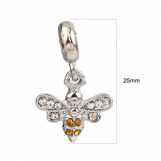 Picture of Zinc Based Alloy Insect Large Hole Charm Dangle Beads Silver Tone Orange Bee Animal Clear Rhinestone 25mm x 16mm, Hole: Approx 4.9mm, 3 PCs