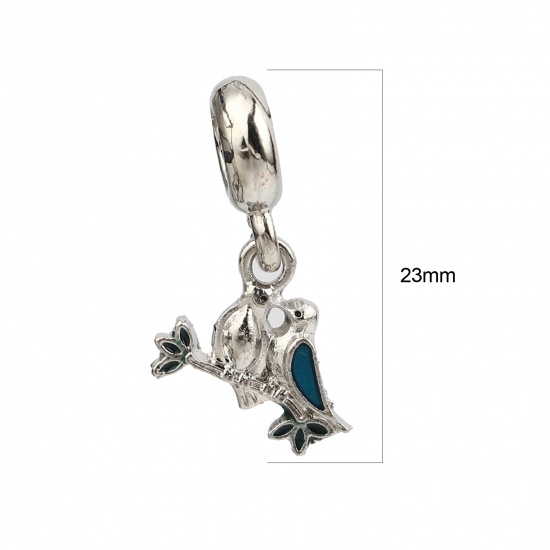 Picture of Zinc Based Alloy Large Hole Charm Dangle Beads Silver Tone Blue Bird Animal Enamel 23mm x 13mm, Hole: Approx 4.1mm, 5 PCs