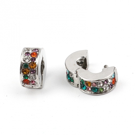 Picture of Zinc Based Alloy Ear Clips Earrings Silver Tone Round Multicolor Rhinestone 12mm Dia., 2 PCs