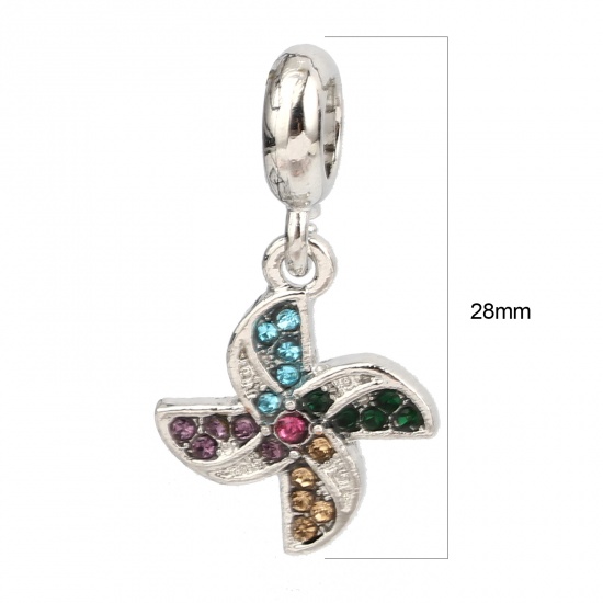 Picture of Zinc Based Alloy Large Hole Charm Dangle Beads Silver Tone Windmill Multicolor Rhinestone 28mm x 15mm, Hole: Approx 5mm, 3 PCs