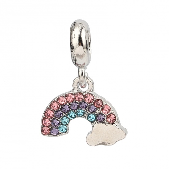 Picture of Zinc Based Alloy Large Hole Charm Dangle Beads Silver Tone Rainbow Multicolor Rhinestone 23mm x 16mm, Hole: Approx 5mm, 3 PCs