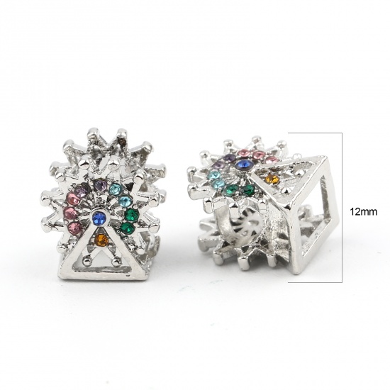 Picture of Zinc Based Alloy Large Hole Charm Beads Silver Tone Ferris Wheel Multicolor Rhinestone 12mm x 11mm, Hole: Approx 5mm, 3 PCs