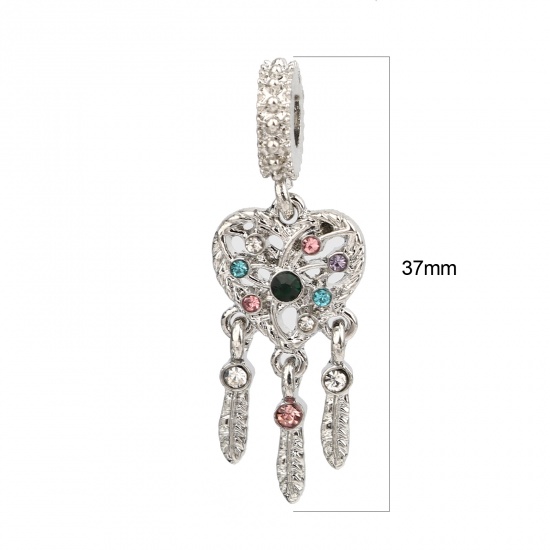 Picture of Zinc Based Alloy Large Hole Charm Dangle Beads Silver Tone Dream Catcher Heart Multicolor Rhinestone 37mm x 13mm, Hole: Approx 4.6mm, 3 PCs