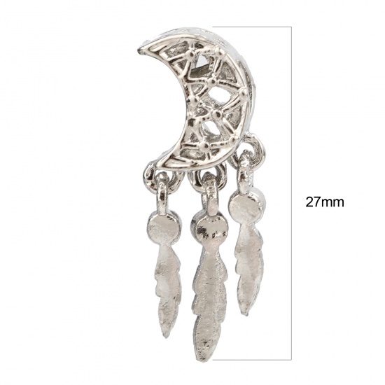 Picture of Zinc Based Alloy Large Hole Charm Beads Silver Tone Dream Catcher Moon 27mm x 10mm, Hole: Approx 5.3mm, 3 PCs