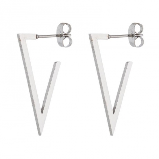 Picture of Stainless Steel Ear Post Stud Earrings Silver Tone Triangle 30mm x 20mm, 1 Pair