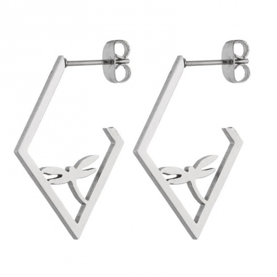 Picture of Stainless Steel Insect Ear Post Stud Earrings Silver Tone Rhombus Dragonfly 30mm x 20mm, 1 Pair
