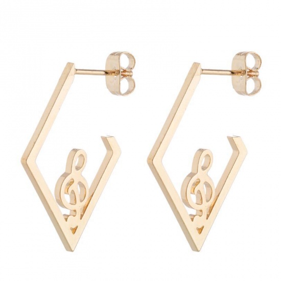 Picture of Stainless Steel Ear Post Stud Earrings Gold Plated Rhombus Musical Note 30mm x 20mm, 1 Pair
