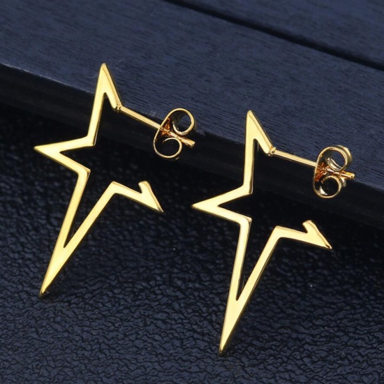 Picture of Stainless Steel Ear Post Stud Earrings Gold Plated Star 30mm x 20mm, 1 Pair