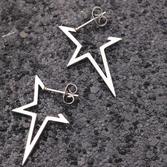 Picture of Stainless Steel Ear Post Stud Earrings Silver Tone Star 30mm x 20mm, 1 Pair