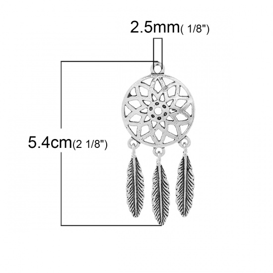 亜鉛合金 チャーム ペンダント ドリームキャッチャー 銀古美 透かし 54mmx 24mm、 5 個 の画像