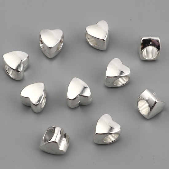 Picture of Zinc Based Alloy European Style Spacer Beads Heart Silver Plated About 9mm x 8mm, Hole: Approx 4.7mm, 50 PCs