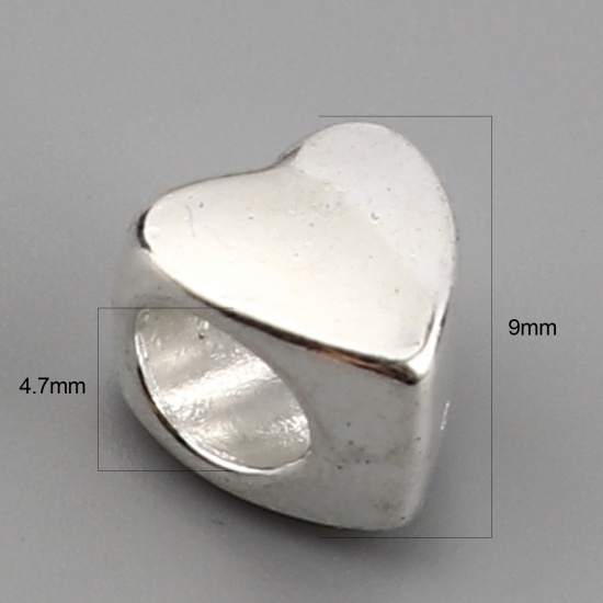 Immagine di Lega di Zinco Stile Europeo Perline Cuore Argento Placcato Circa 9mm x 8mm, Foro:Circa 4.7mm, 50 Pz