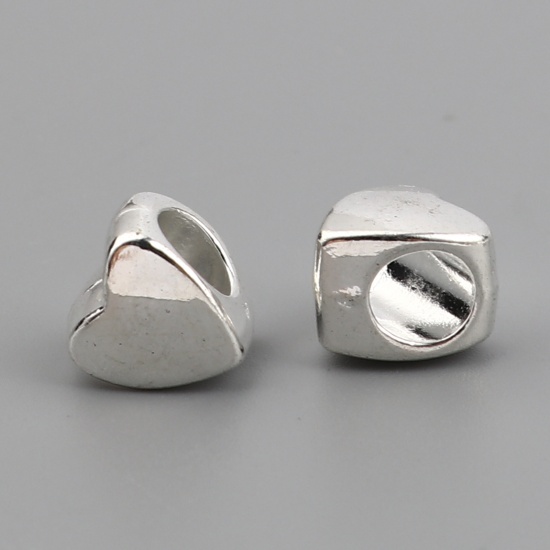 Picture of Zinc Based Alloy European Style Spacer Beads Heart Silver Plated About 9mm x 8mm, Hole: Approx 4.7mm, 50 PCs