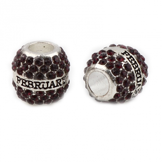 Picture of Zinc Based Alloy Birthstone Large Hole Charm Beads Silver Plated Barrel Wine Red Rhinestone 12mm x 11mm, Hole: Approx 5mm, 1 Piece