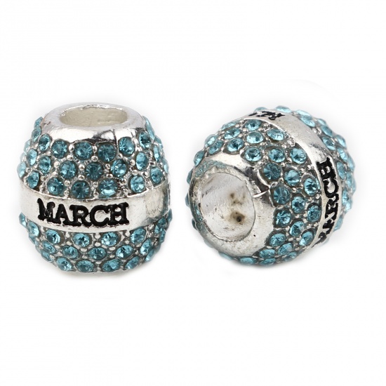 Picture of Zinc Based Alloy Birthstone Large Hole Charm Beads Silver Plated Barrel Light Blue Rhinestone 12mm x 11mm, Hole: Approx 5mm, 1 Piece