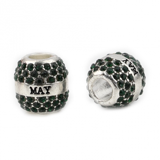 Picture of Zinc Based Alloy Birthstone Large Hole Charm Beads Silver Plated Barrel Deep Green Rhinestone 12mm x 11mm, Hole: Approx 5mm, 1 Piece