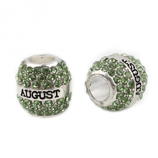 Picture of Zinc Based Alloy Birthstone Large Hole Charm Beads Silver Plated Barrel Green Rhinestone 12mm x 11mm, Hole: Approx 5mm, 1 Piece