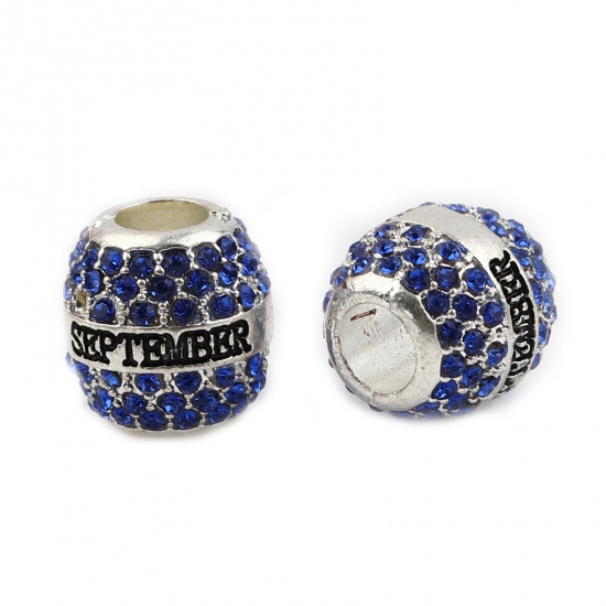 Picture of Zinc Based Alloy Birthstone Large Hole Charm Beads Silver Plated Barrel Dark Blue Rhinestone 12mm x 11mm, Hole: Approx 5mm, 1 Piece
