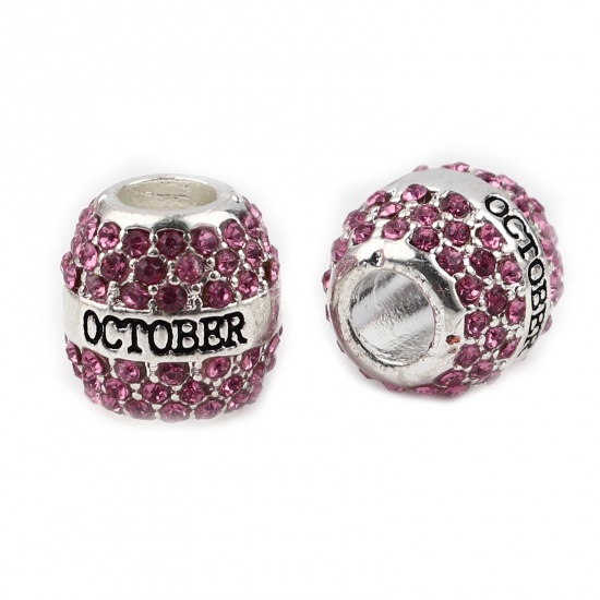 Picture of Zinc Based Alloy Birthstone Large Hole Charm Beads Silver Plated Barrel Pink Rhinestone 12mm x 11mm, Hole: Approx 5mm, 1 Piece