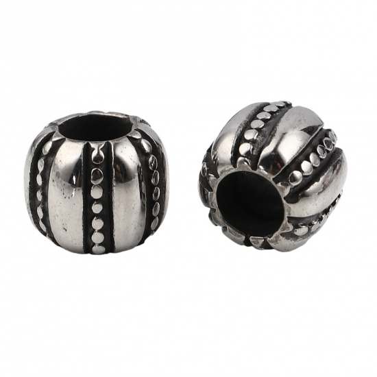 Image de Perles en Acier Inoxydable Colonne Argent Vieilli Rayées 12mm x 10mm, Trou: env. 5.9mm, 1 Pièce
