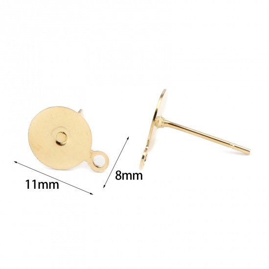 Immagine di 20 Pz 304 Acciaio Inossidabile Orecchino a Bottone per Orecchio con Accessori per Connettori ad Anello Tondo Oro Placcato Può Essere Incollato (Adatti 8mm) 11mm x 8mm, Posta/Filo Dimensione: 0.7mm(21 misura)