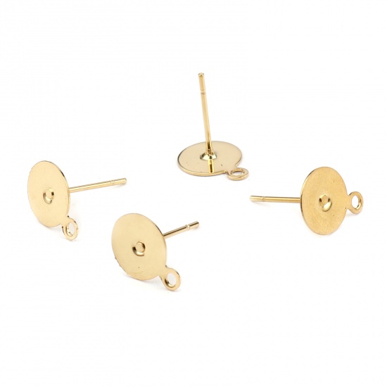 Immagine di 20 Pz 304 Acciaio Inossidabile Orecchino a Bottone per Orecchio con Accessori per Connettori ad Anello Tondo Oro Placcato Può Essere Incollato (Adatti 8mm) 11mm x 8mm, Posta/Filo Dimensione: 0.7mm(21 misura)