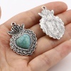 Picture of Zinc Based Alloy & Acrylic Boho Chic Bohemia Pendants Heart Antique Silver Color Green Blue Rose Flower Imitation Turquoise 37mm x 26mm, 5 PCs