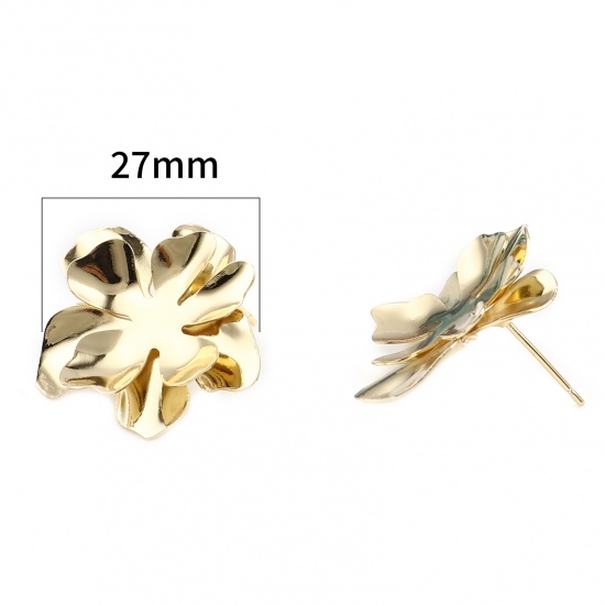 Picture of Zinc Based Alloy Ear Post Stud Earrings Findings Flower Gold Plated W/ Loop 27mm x 22mm, Post/ Wire Size: (21 gauge), 2 PCs