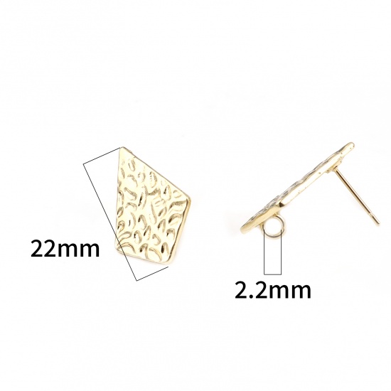 Picture of Zinc Based Alloy Ear Post Stud Earrings Findings Polygon Gold Plated Carved Pattern W/ Loop 22mm x 16mm, Post/ Wire Size: (21 gauge), 2 PCs