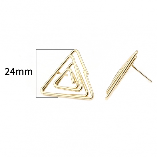Picture of Ear Post Stud Earrings Findings Triangle Gold Plated Swirl 24mm x 22mm, Post/ Wire Size: (21 gauge), 2 PCs